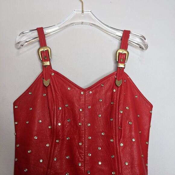L.A. Roxx Vintage Red Leather Mini Dress Studded Rhinestone 80's RARE Size L - Picture 5 of 12